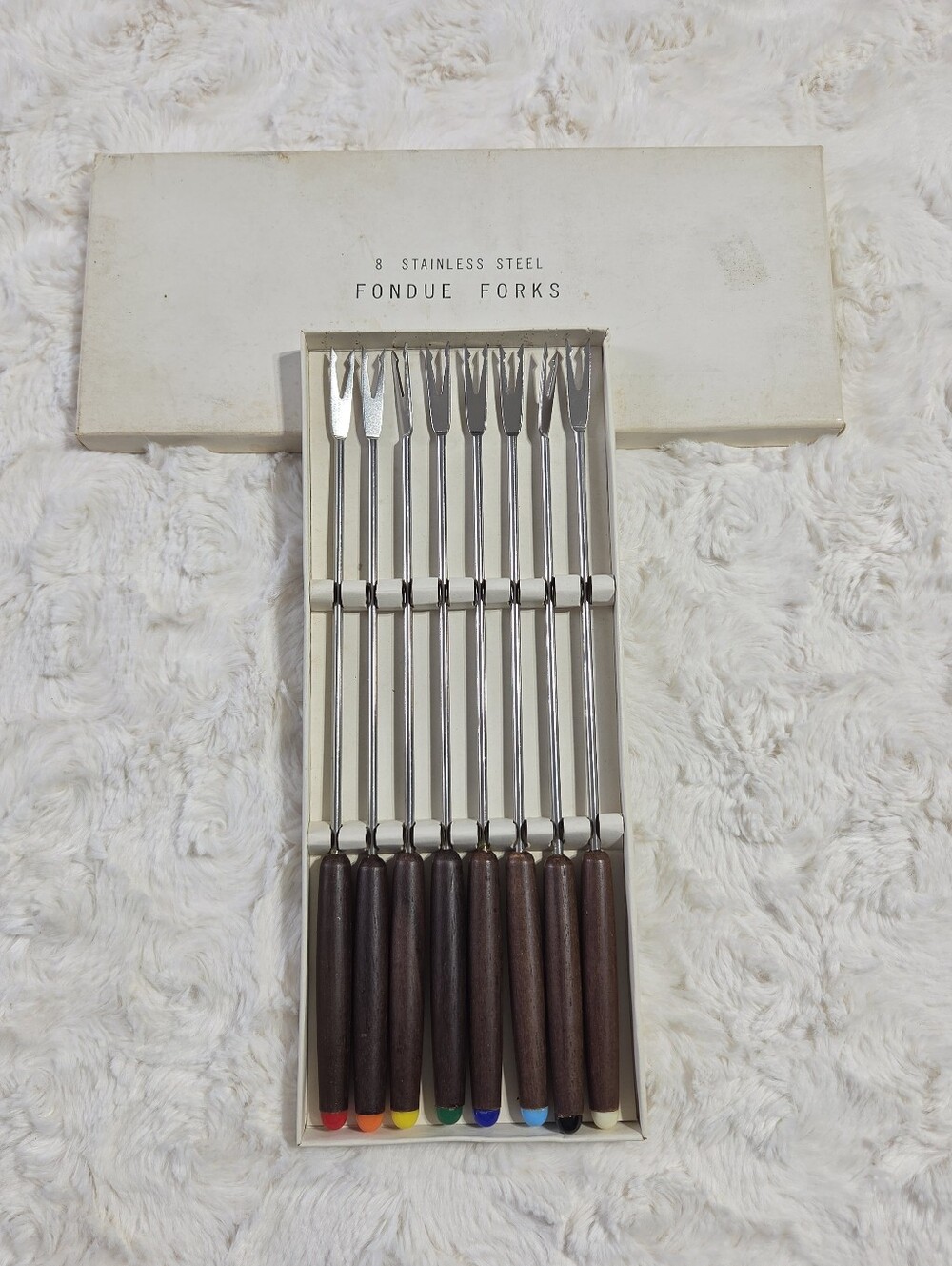 Vintage Set Of 8 Stainless Steel Fondue Forks With Color Tips